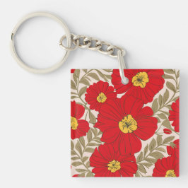 Lebhaftes rotes Blumenmuster mit Olive Green Blätt Schlüsselanhänger