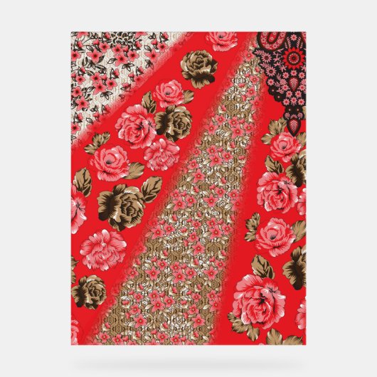 Lebhaftes rotes Gewebe, mit viel Blumen und Acrylschild (Vorderseite)