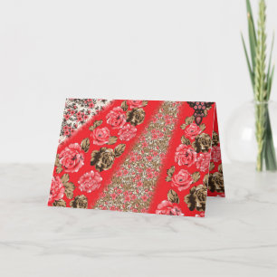 Lebhaftes rotes Gewebe, mit viel Blumen und Dankeskarte