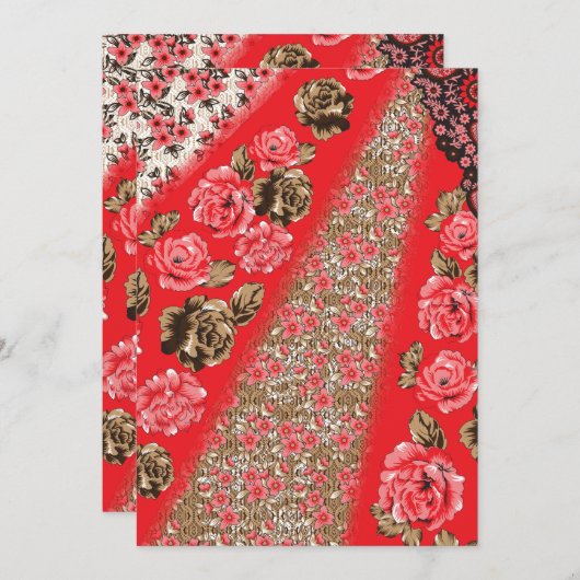 Lebhaftes rotes Gewebe, mit viel Blumen und Dankeskarte (Vorne/Hinten)