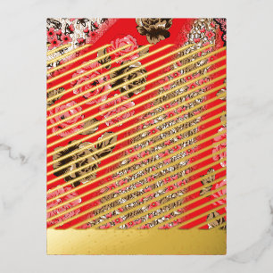 Lebhaftes rotes Gewebe, mit viel Blumen und Folien Feiertagspostkarte