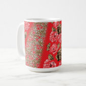 Lebhaftes rotes Gewebe, mit viel Blumen und Kaffeetasse (Vorderseite Links)