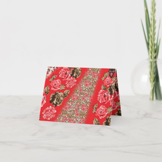 Lebhaftes rotes Gewebe, mit viel Blumen und Karte (Vorderseite)