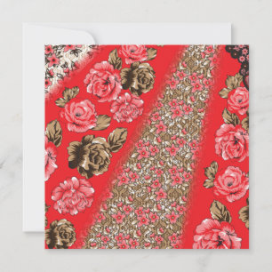 Lebhaftes rotes Gewebe, mit viel Blumen und Karte