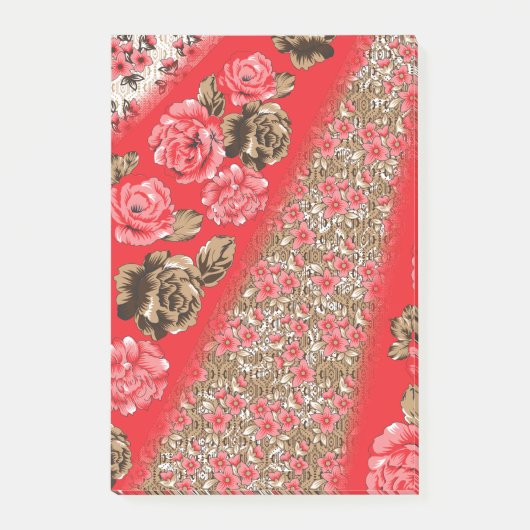 Lebhaftes rotes Gewebe, mit viel Blumen und Post-it Klebezettel (Vorderseite)