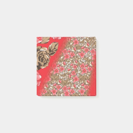 Lebhaftes rotes Gewebe, mit viel Blumen und Post-it Klebezettel (Vorderseite)
