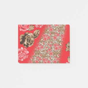Lebhaftes rotes Gewebe, mit viel Blumen und Post-it Klebezettel