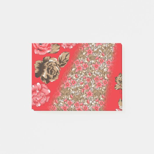 Lebhaftes rotes Gewebe, mit viel Blumen und Post-it Klebezettel (Vorderseite)