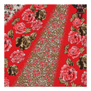 Lebhaftes rotes Gewebe, mit viel Blumen und Poster