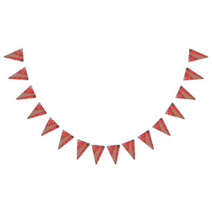 Lebhaftes rotes Gewebe, mit viel Blumen und Wimpelkette