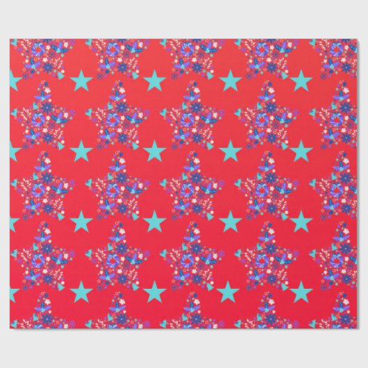 Lebhaftes rotes Gradient florales Star Muster wrap Geschenkpapier (Flach)