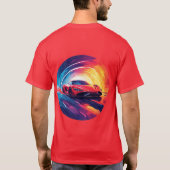 Lebhaftes rotes Sportauto in einem dynamischen Spi T-Shirt (Rückseite)