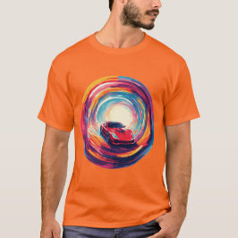 Lebhaftes rotes Sportauto in einem dynamischen Spi T-Shirt