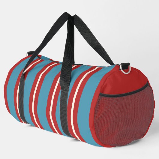 Lebhaftes rotes und blau gestreiftes Muster Modern Duffle Bag (Rechte Ecke)