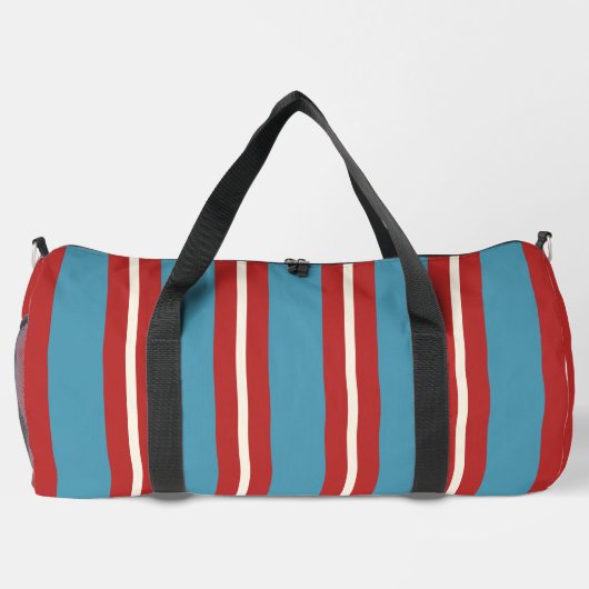Lebhaftes rotes und blau gestreiftes Muster Modern Duffle Bag (Rückseite)