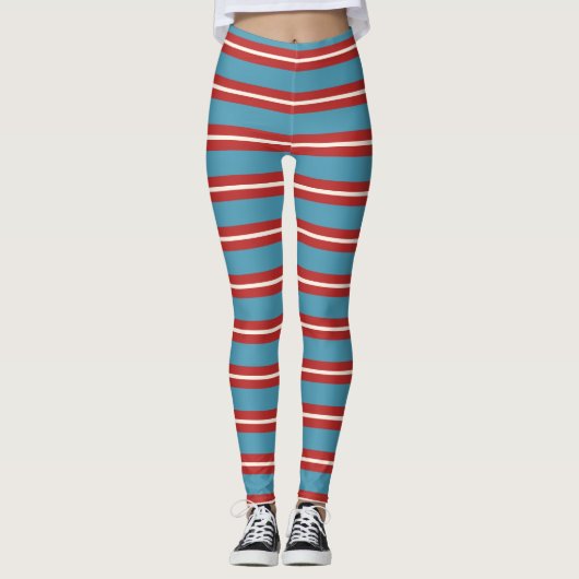 Lebhaftes rotes und blau gestreiftes Muster Modern Leggings (Vorderseite)