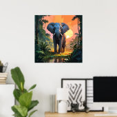 Lebhaftes Sonnenuntergang Elephant Wildlife Painti Poster (Heimbüro)