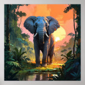 Lebhaftes Sonnenuntergang Elephant Wildlife Painti Poster (Vorne)