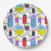 Lebhaftes Stadtbild, bunte Häuser Pappteller (Vorderseite)