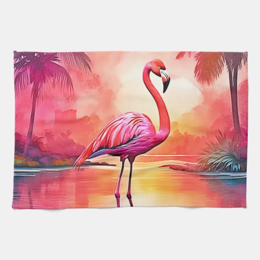 Lebhaftes tropisches Flamingo-Glühdesign Geschirrtuch (Horizontal)