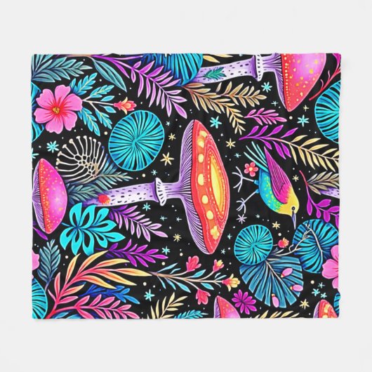 Lebhaftes, verzaubertes Forest Mushroom Artwork Fleecedecke (Vorderseite (Horizontal))