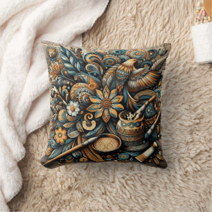 Lebhaftes Vogel- und Blumendesign mit künstlerisch Kissen