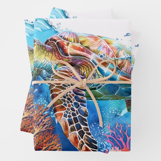 Lebhaftes Wasserfarbenschildkrötendekor Geschenkpapier Set (Beispiel)
