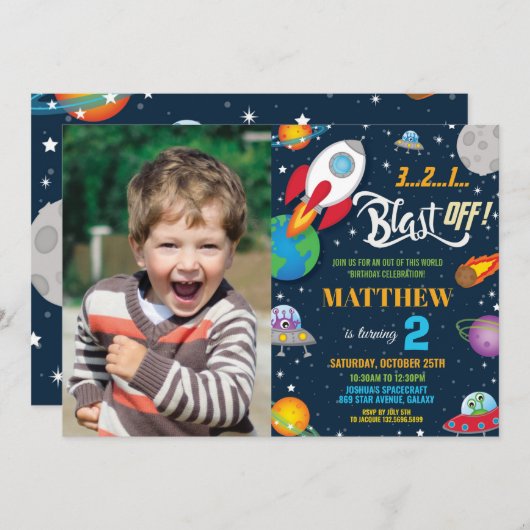 Lebhaftes Weltraumraketenschiff Planets Geburtstag Einladung (Vorne/Hinten)
