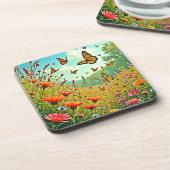 Lebhaftes Wildblume Butterfly Joy Design Getränkeuntersetzer (Linke Seite)
