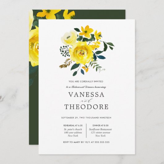Lebhaftes Yellow Bouquet Hochzeit Probe Dinner Einladung (Vorne/Hinten)