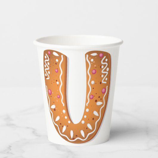 Lebkuchen-Buchstabe U-Monogramm-Feiertagsplätzchen Pappbecher (Vorderseite)