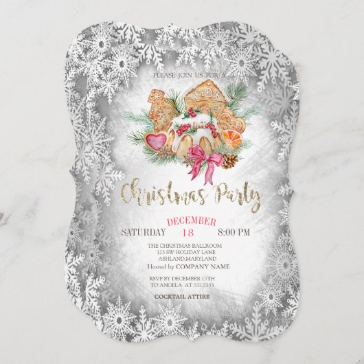 Lebkuchen, graue Schneeflocken Weihnachten Einladung (Vorne/Hinten)