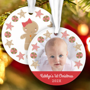 Lebkuchen Mädchen Rot Baby Erstes Weihnachtsfoto Ornament