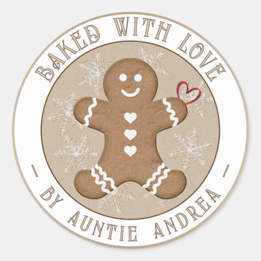 Lebkuchen Mann mit Herz Schneeflocken Urlaub Runder Aufkleber (Vorderseite)