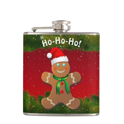 Lebkuchen-Mann mit rotem Weihnachtshut Flachmann (Vorderseite)