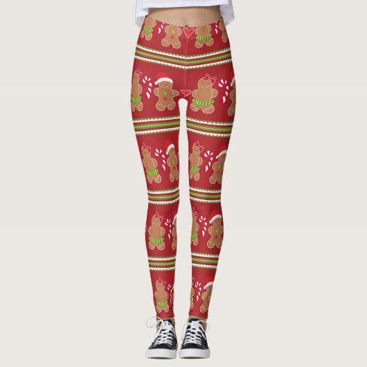 Lebkuchen Mann Rot und Grün Horizontale Streifen Leggings (Vorderseite)