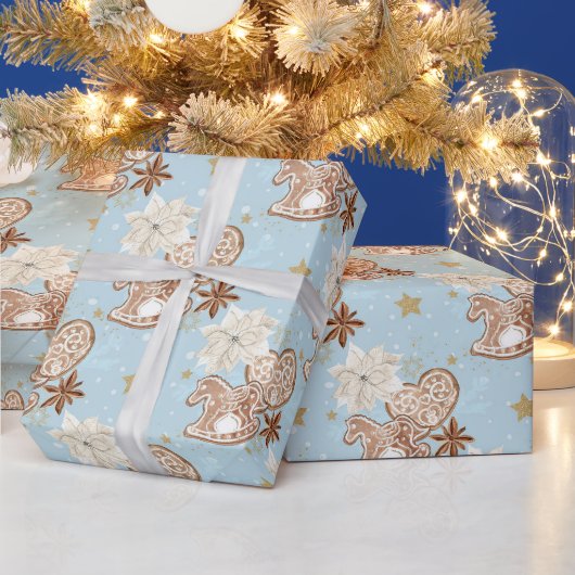 Lebkuchen Schaukelpferd Muster auf Blau Geschenkpapier (Feiertage)