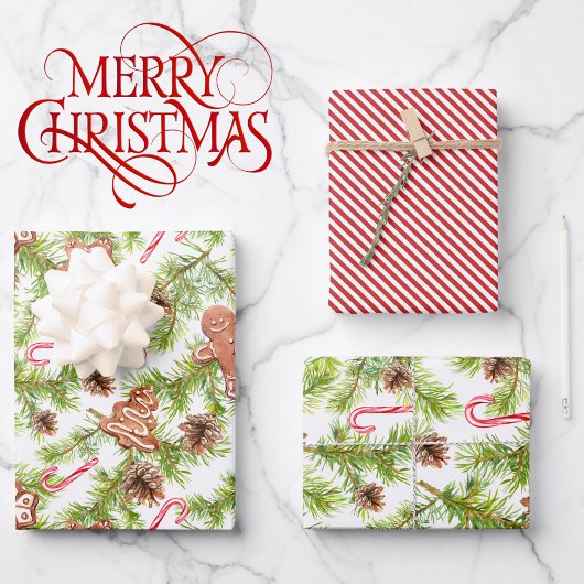 Lebkuchen und Candy Cane Stripe 3 Koordinaten Geschenkpapier Set