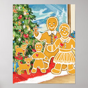 Lebkuchenfamilie mit ihrem Weihnachtsbaum Poster
