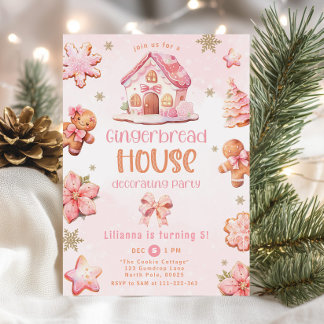 Lebkuchenhaus mit Party pink Geburtstag Einladung