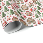 Lebkuchenhaus und gestreifte Bäume Geschenkpapier (Rolleneckpunkt)