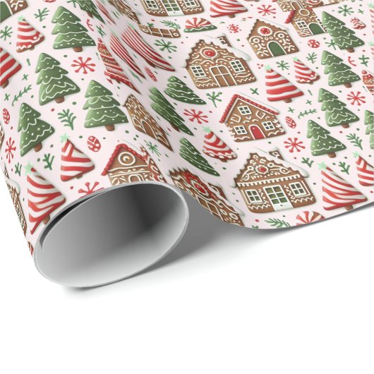 Lebkuchenhaus und gestreifte Bäume Geschenkpapier (Rolleneckpunkt)