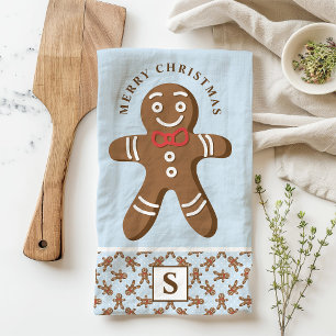 Lebkuchenmann Blaues Monogramm Frohe Weihnachten Geschirrtuch