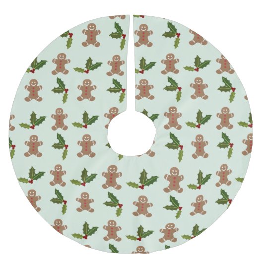 Lebkuchenmänner und Stechpalmen-Muster Polyester Weihnachtsbaumdecke (Vorderseite)