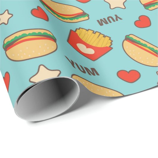 Leckere Cheeseburger u. Pommes-Frites Geschenkpapier (Rolleneckpunkt)