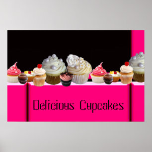 LECKERE CUPCAKES WÜSTEN GESCHÄFT/ ROSA SCHWARZ WEI POSTER