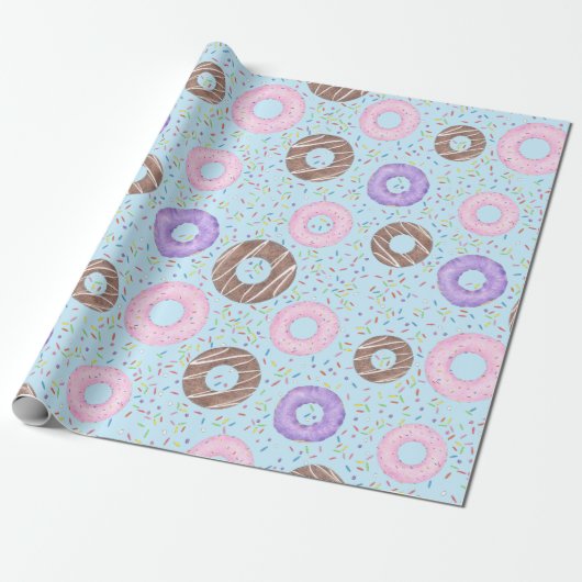 Leckere Donuts Geschenkpapier auf Blau (Ungerollt)