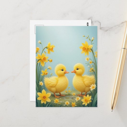 Leckere Ducklings unter Daffodien Postkarte (Vorderseite/Rückseite Beispiel)