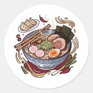 Leckere japanische Ramen und Gyoza-Dumplings. Runder Aufkleber