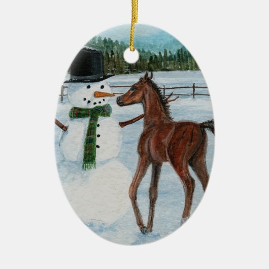 Leckere Schneemann-Fohlen-Weihnachtsverzierung Keramik Ornament (Vorne)